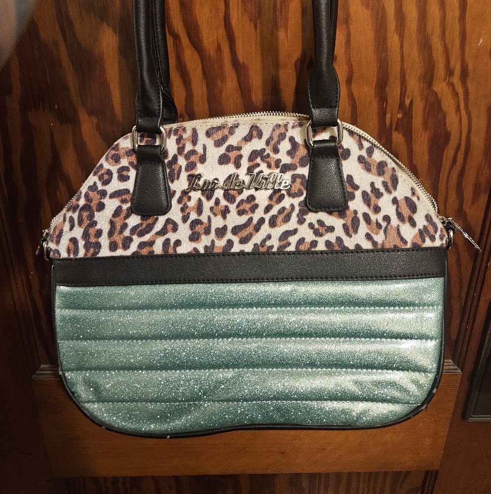 Leopard Print and Green Glitter Women's Bag